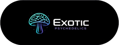 Exotic Psychedelics logo featuring a glowing teal and purple mushroom illustration on a black rounded background